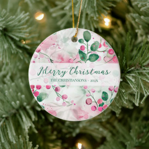 Elegant Pink Berries Floral Christmas Ceramic Ornament