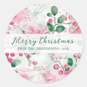 Elegant Pink Berries Floral Christmas Classic Round Sticker