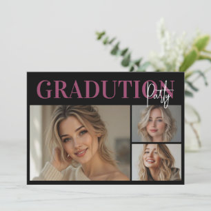 Elegant Pink Black 3Photo Graduation Party Invitation