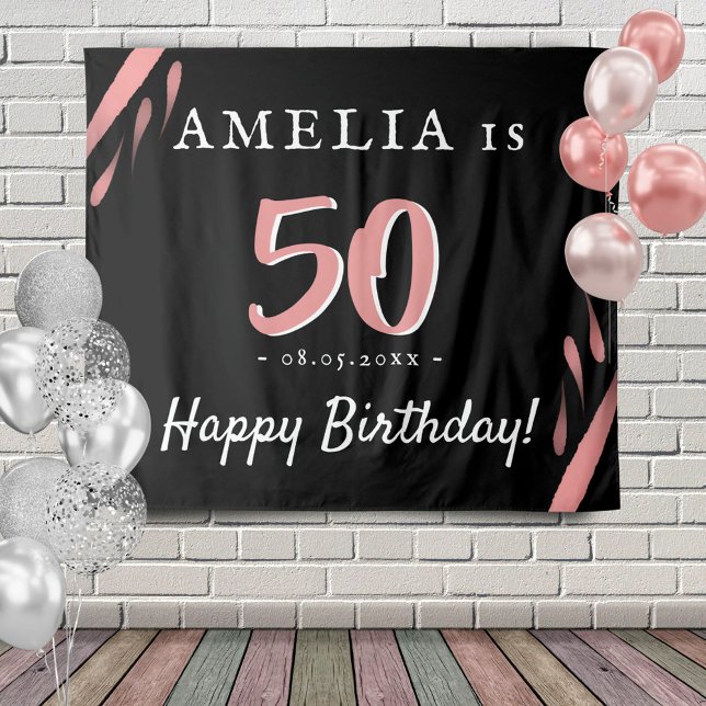 Elegant Pink Black 50th Birthday Party Backdrop Tapestry (Creator Uploaded)