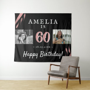 Elegant Pink Black 60th Birthday 2 Photo Backdrop Tapestry