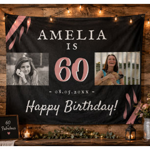 Elegant Pink Black 60th Birthday 2 Photo Backdrop Tapestry