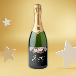Elegant Pink Black 60th Birthday Floral Sparkling Wine Label