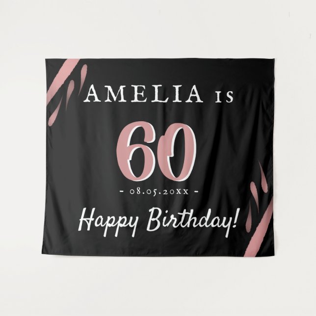 Elegant Pink Black 60th Birthday Party Backdrop Tapestry (Front (Horizontal))