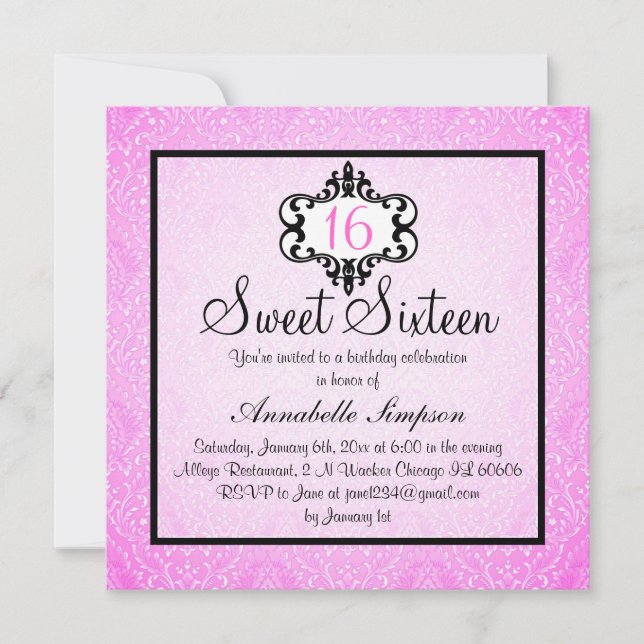 Elegant Pink & Black Chic Damask Sweet 16 Invite (Front)