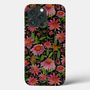 Elegant Pink Black Coneflowers Butterflies iPhone 13 Pro Case