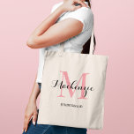 Elegant Pink Black Custom Wedding Bridesmaid Name Tote Bag<br><div class="desc">Elegant custom wedding tote bag features a personalized monogram typography design with modern calligraphy script name and serif monogram initial in bright pink and black colours. Includes custom text for a bridal party title like "BRIDESMAID" or other preferred wording.</div>