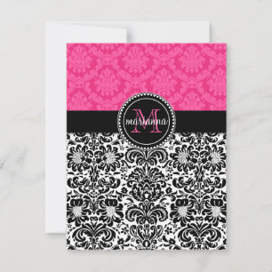 Elegant Pink Black Damask Personalized Note Cards