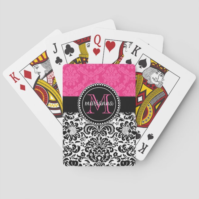 Elegant Pink Black Damask Personalized Playing Cards (Back)