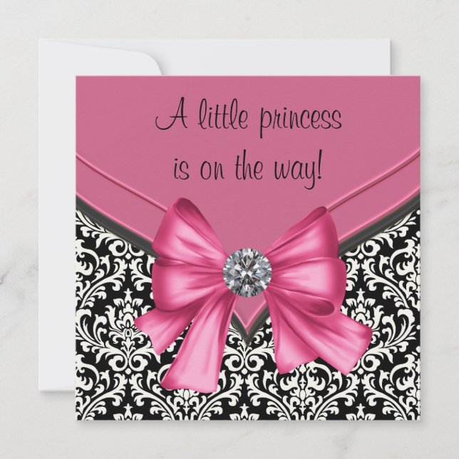 Elegant Pink Black Damask Princess Baby Shower Invitation (Front)