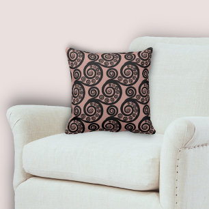 Elegant Pink & Black Fern Frond Curls Pattern Throw Pillow