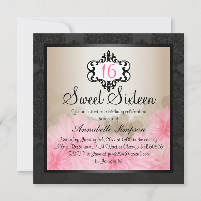 Elegant Pink & Black Floral Chic Sweet 16 Invite (Front)