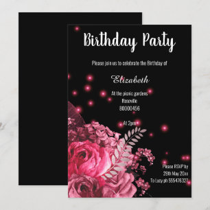ELEGANT PINK BLACK FLORAL GARDEN BIRTHDAY INVITATION