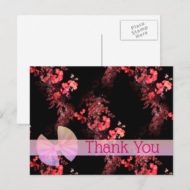 Elegant Pink Black Floral Thank You Postcard (Front/Back)