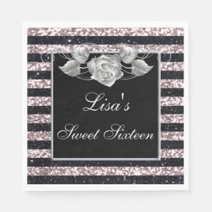 Elegant Pink Black Glitter Silver Rose Sweet 16 Napkin