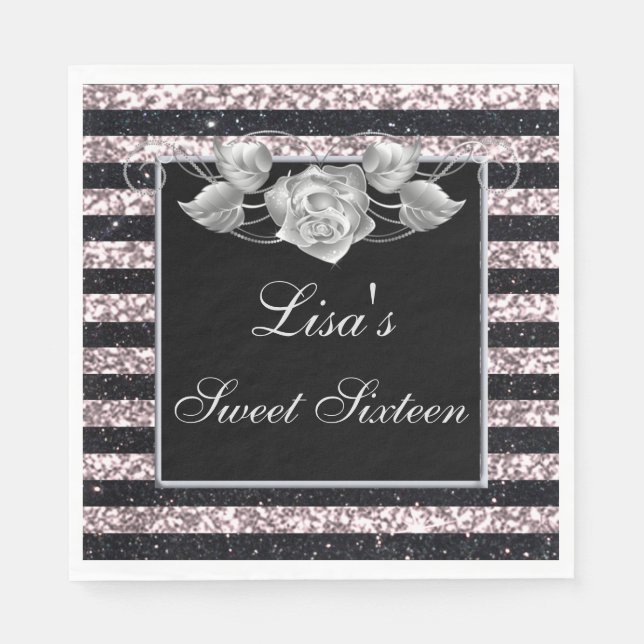Elegant Pink Black Glitter Silver Rose Sweet 16 Napkin (Front)