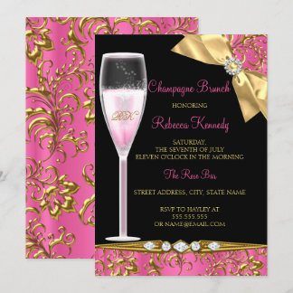 Elegant Pink Black Gold Damask Champagne Brunch Invitation