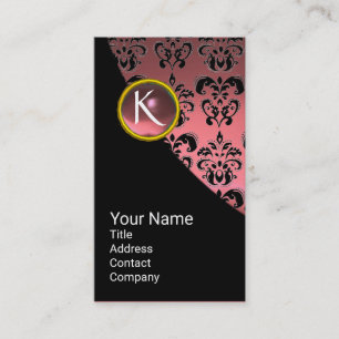 ELEGANT PINK BLACK GOLD DAMASK GEMSTONE MONOGRAM BUSINESS CARD