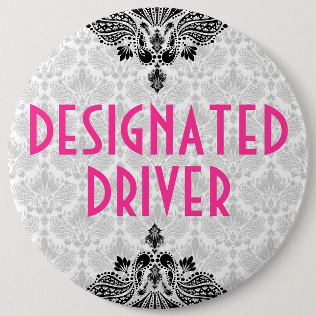 Elegant Pink Black & Grey Retro Floral Design 6 Inch Round Button (Front)