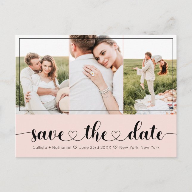 Elegant Pink Black Heart Typography Save the Date Announcement Postcard (Front)