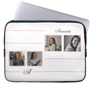 Elegant Pink & Black Monogram Photo Collage Mom Laptop Sleeve
