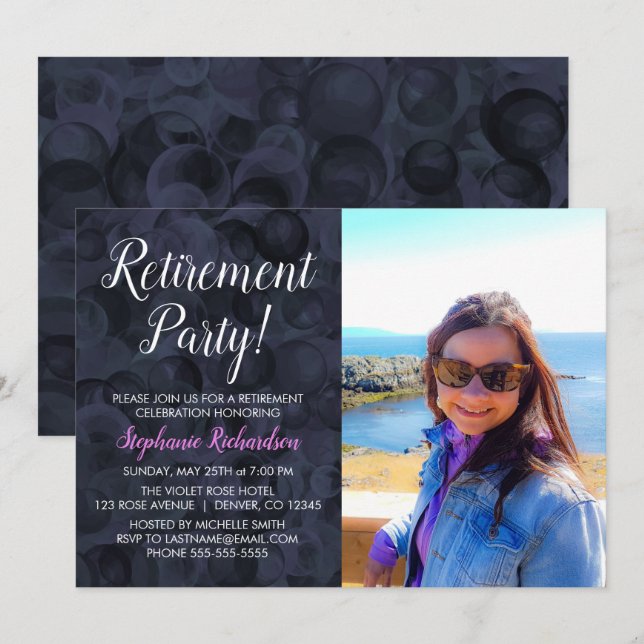 Elegant Pink Black Photo Retirement Invitation (Front/Back)