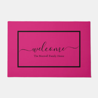 Elegant pink black script family name welcome doormat