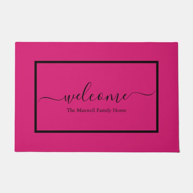 Elegant pink black script family name welcome   doormat (Front)