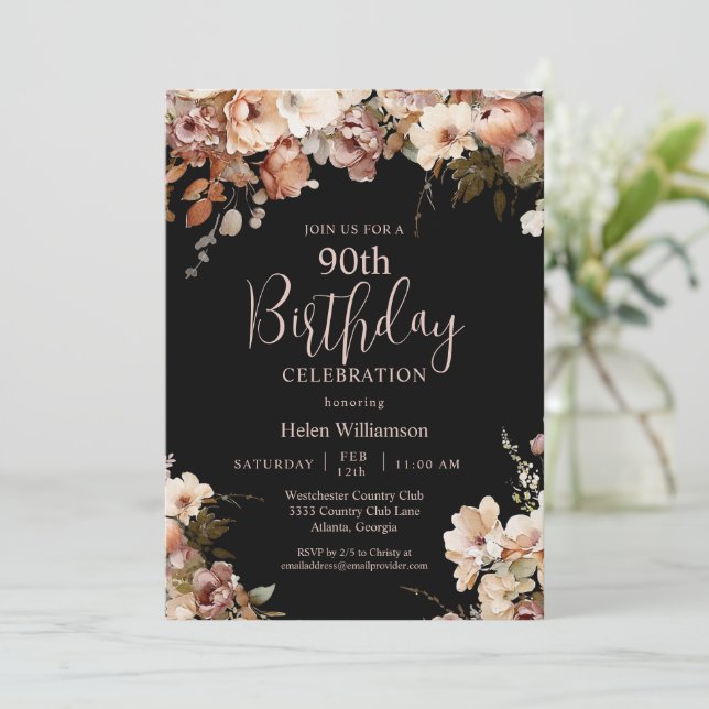 Elegant Pink Black Watercolor Floral 90th Birthday Invitation (Standing Front)