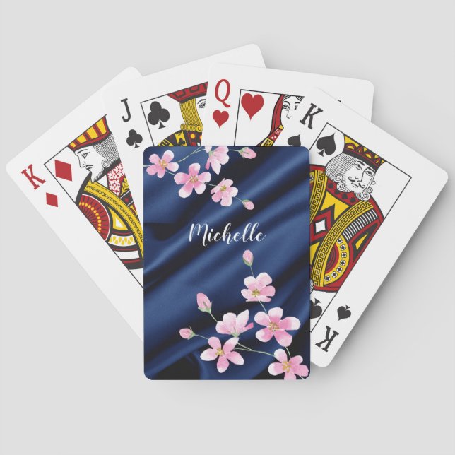 Elegant Pink Blossom Blue Satin Personalized   Playing Cards (Back)