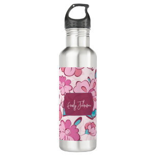 Elegant Pink Blossom Custom Name Floral Design 710 Ml Water Bottle