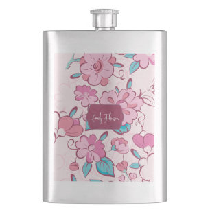 Elegant Pink Blossom Custom Name Floral Design Hip Flask