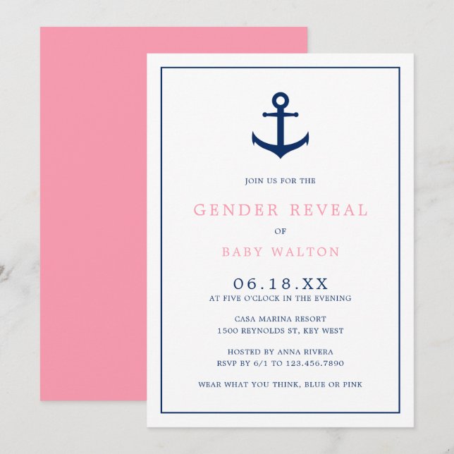 Elegant Pink Blue Anchor Nautical Gender Reveal Invitation (Front/Back)