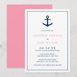 Elegant Pink Blue Anchor Nautical Gender Reveal Invitation
