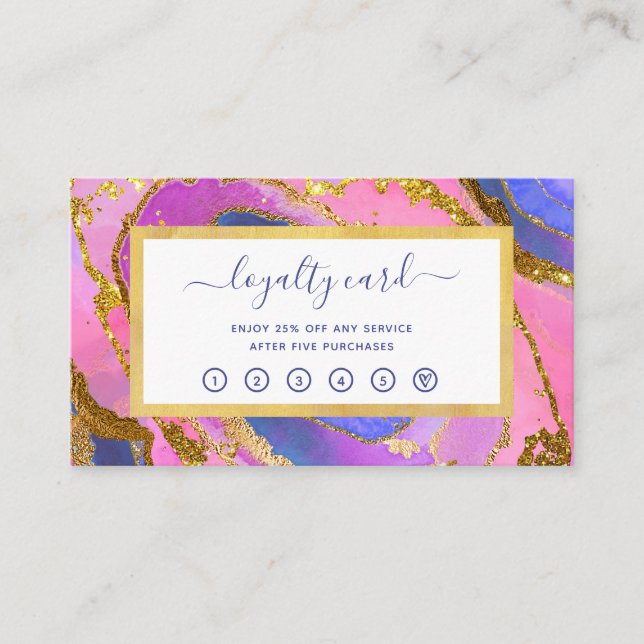 Elegant Pink Blue and Gold Geode Loyalty Card (Front)