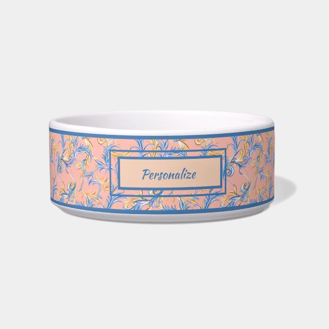 Elegant Pink Blue Arabesque Design Pattern Cat Dog Bowl (Front)
