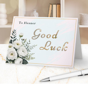 Elegant Pink Blue Floral Good Luck Personalized Card