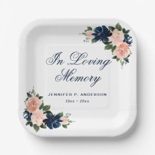 Elegant Pink Blue Floral Memorial Funeral Paper Plate