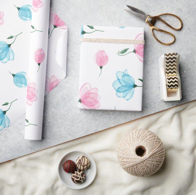 Elegant Pink Blue Floral Pattern Wrapping Paper (Crafts)