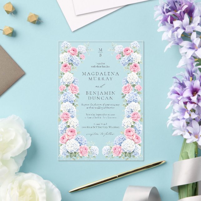 Elegant Pink & Blue Floral Regency Garden Wedding Acrylic Invitations (Insitu (Wedding))
