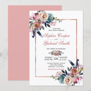 Elegant Pink Blue Floral Rose Gold Frame Wedding Invitation