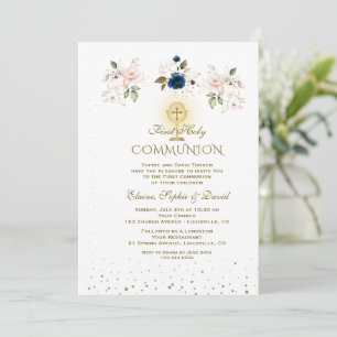 Elegant Pink Blue Floral Triplets Holy Communion Invitation