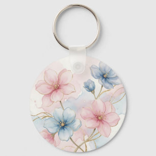Elegant Pink Blue Floral Watercolor Keychain