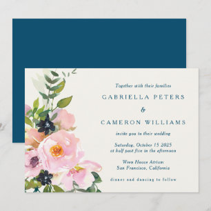 Elegant Pink Blue Floral Watercolor Modern Wedding Invitation