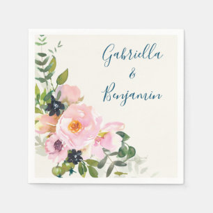 Elegant Pink Blue Floral Watercolor Modern Wedding Napkin