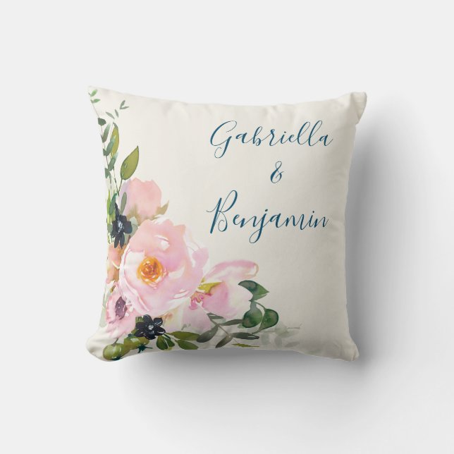 Elegant Pink Blue Floral Watercolor Personalized  Throw Pillow (Front)