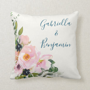 Elegant Pink Blue Floral Watercolor Personalized Throw Pillow