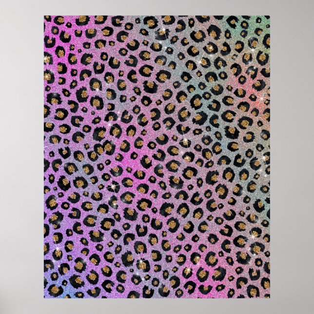 Elegant Pink Blue Gold Glitter Black Leopard Print (Front)