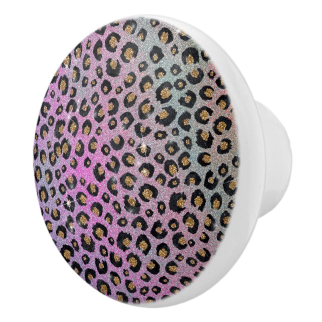 Elegant Pink Blue Gold Glitter Black Leopard Print Ceramic Knob (Right)