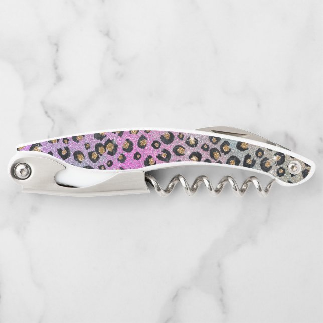 Elegant Pink Blue Gold Glitter Black Leopard Print Corkscrew (Front)